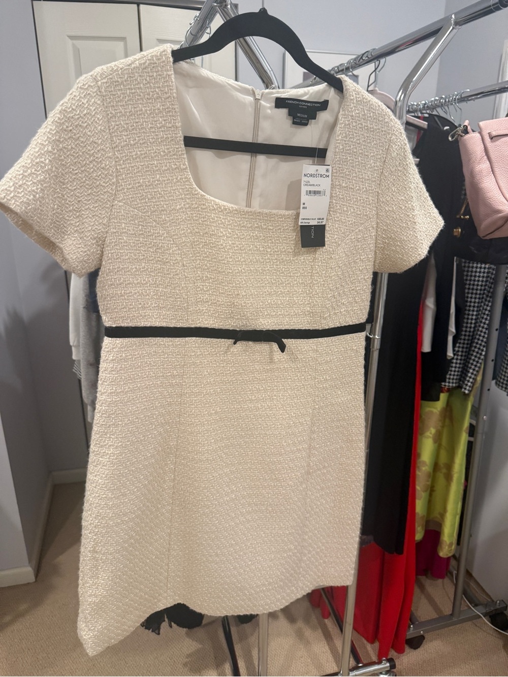 French Connection Cream Tweed Mini Dress with Black Waist Trim